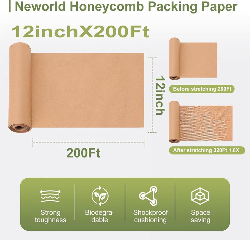 NEWorld Honeycomb Packing Paper,12" x 200' Eco Friendly Packing Paper Alternative to Bubble Cushioning Wrap for Moving Shipping Packing, Recyclable Moving Supplies Bubble Packing Wrap Protective Roll - Image 2